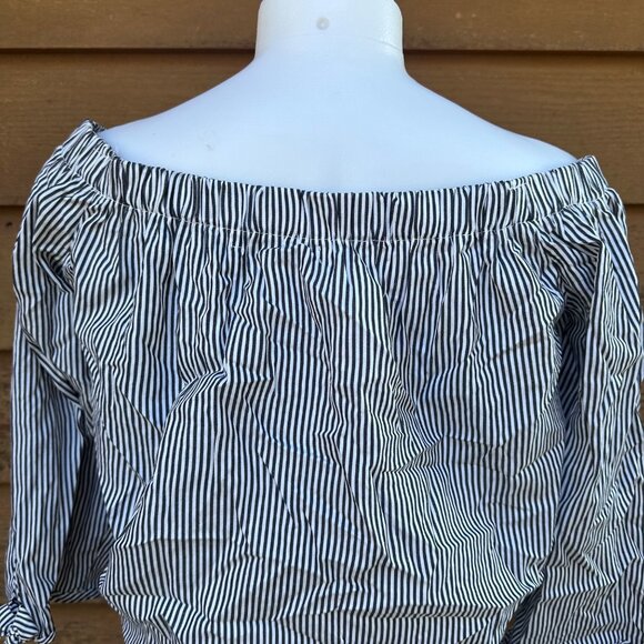 Blue & White Striped Off-The-Shoulder Blouse With Button Front & Tie Hem - Picture 8 of 9